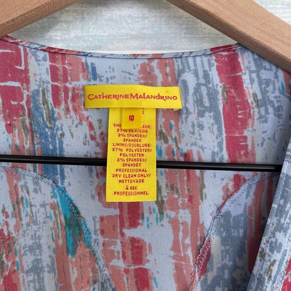 Catherine Malandrino Silk Tie Wrap Dress Blue Print Pleated Casual Womens 10 - Picture 8 of 8